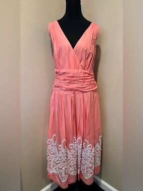 Coral V-neck Midi Formal Dress, w/ White Satin-like Detailing, Size 18W